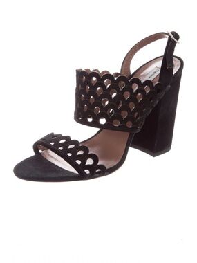 Tabitha Simmons Black Scalloped Suede Block Heel Sandal